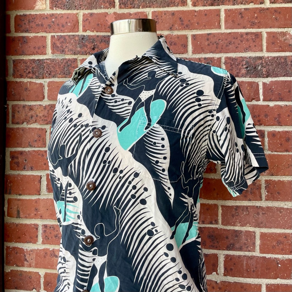 Vintage Avanti 100% Silk Black Cream Aqua Surfer Print Button Up Shirt Small - Picture 2 of 10